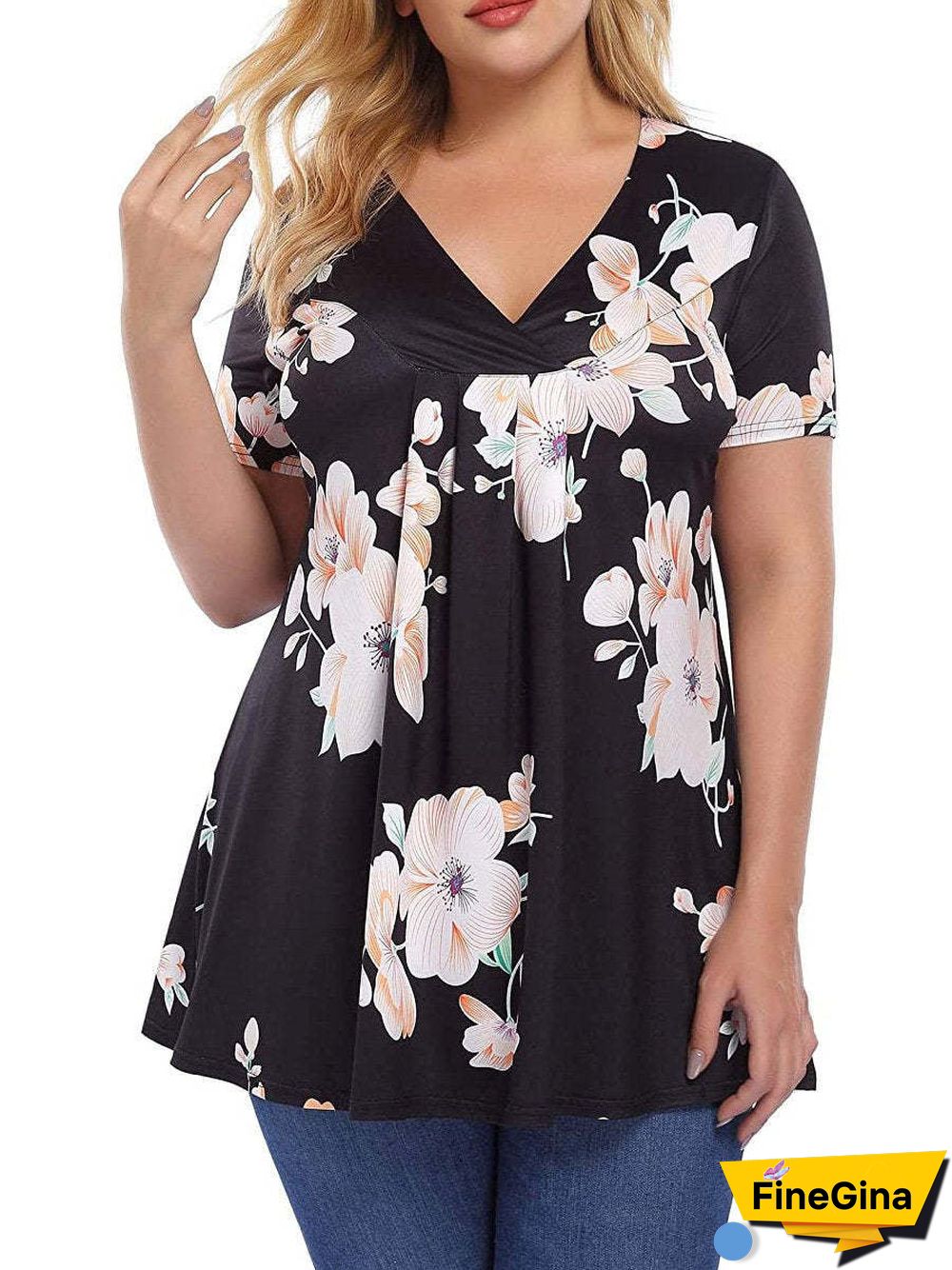 Women's Floral Printed Loose Pleated Short Sleeve V-neck Top