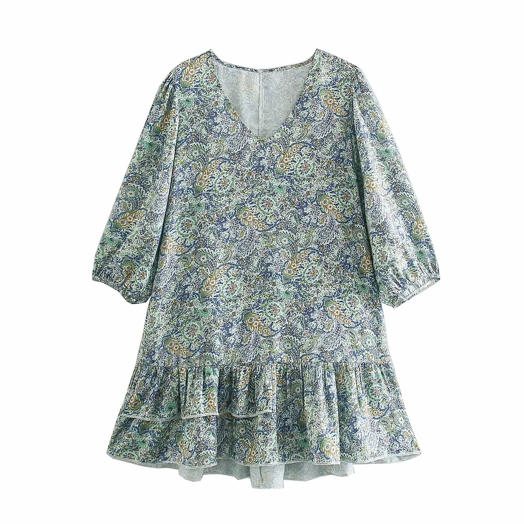 Za Women's Dresses Fashion Vintage V neck Mini Dress Printed Slik Satin Vestidos Femme Robes Ruffles Textured Dress Ladies 2021
