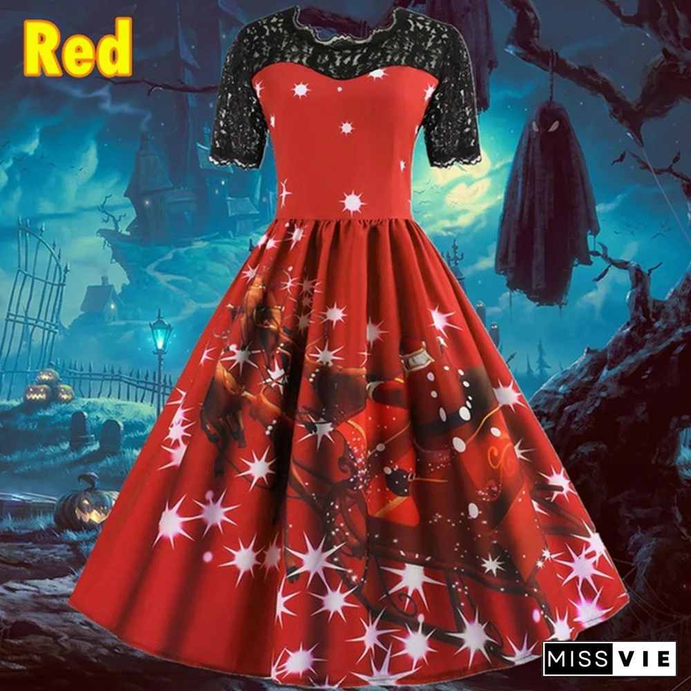 7 Colors Women Fashion Pumpkin Snowflake Print Dress Short Sleeve Lace Dress Christmas Halloween Costume Knee Length Party Dresses