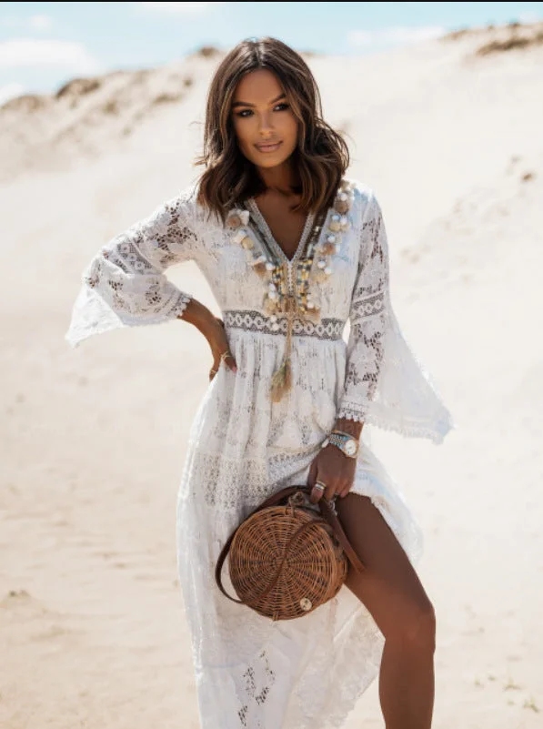 Brownm Lace Stitching Fresh And Sweet Tassel Horn Large Swing Dress