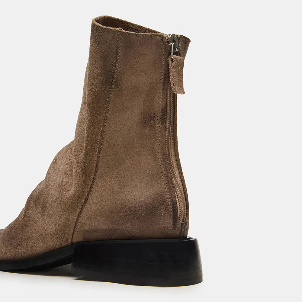 Taupe Vegan Suede Closed Toe Chunky Heel Back Zipper Booties for Women