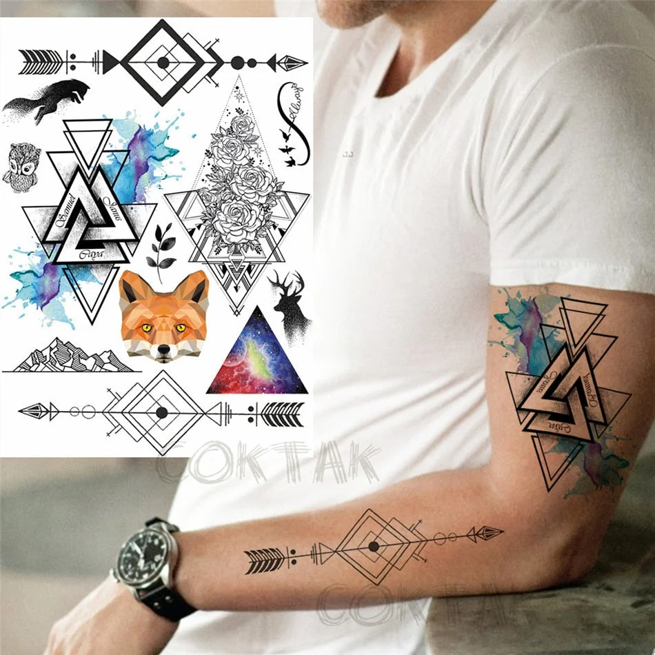 Realistic Fake Black Animal Temporary Tattoos Sticker For Men Women Geometric Wolf Outer Space Tatoo Temporary Decal For Kids