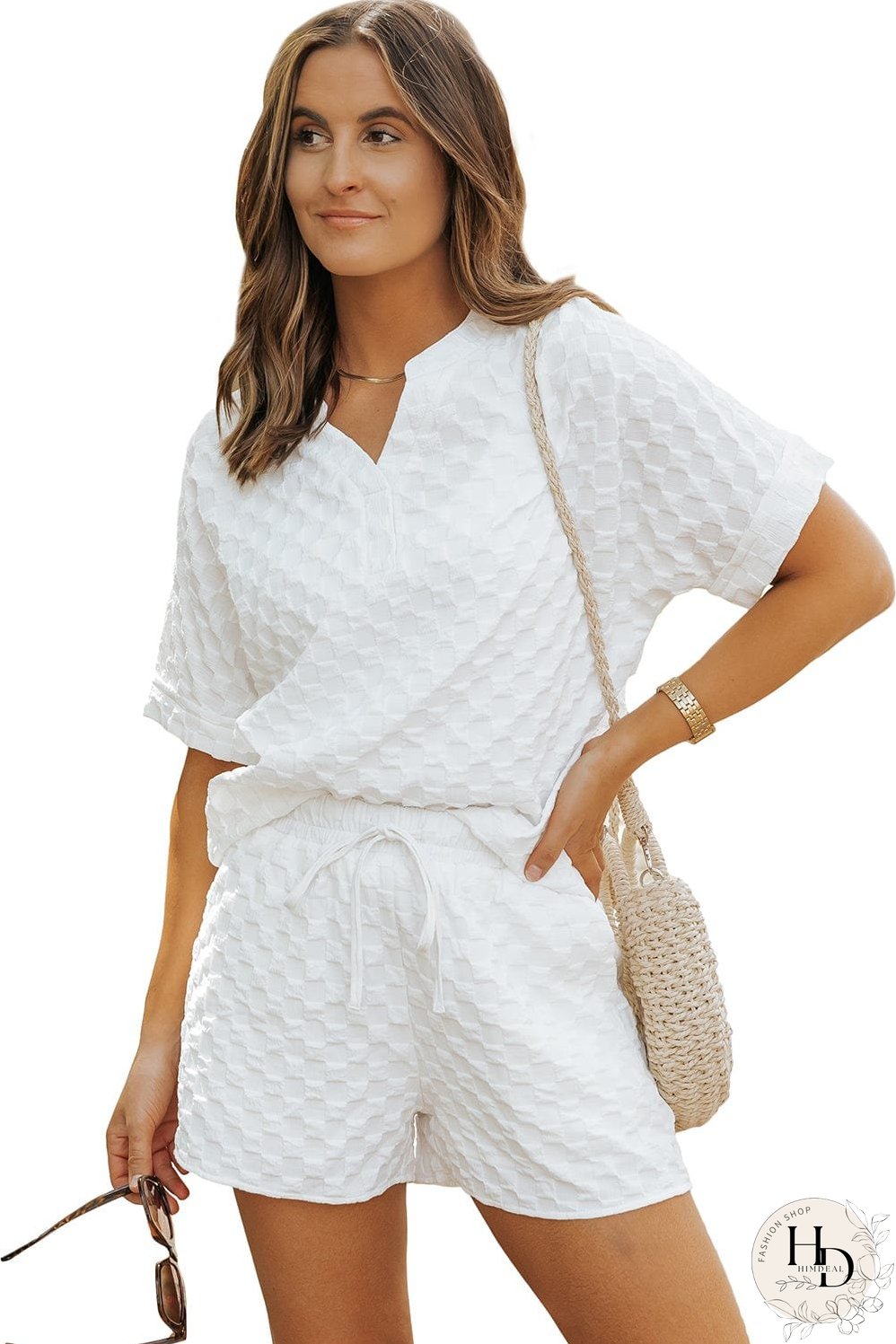 Chic White Textured V-Neck Top and Drawstring Shorts Ensemble