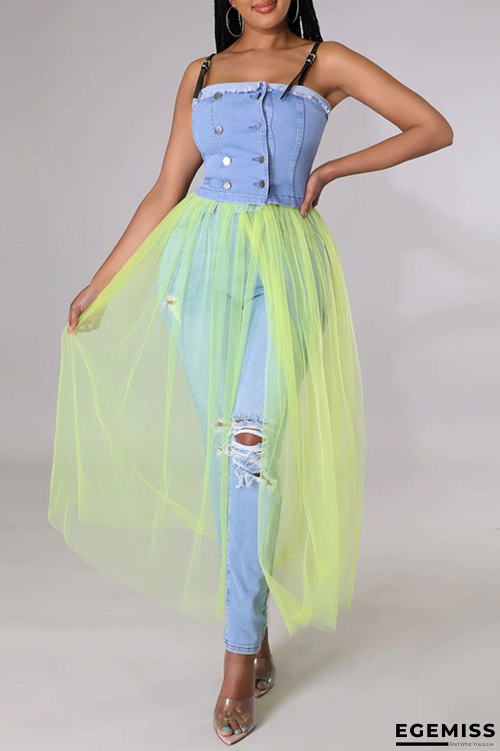 Yellow Casual Solid Patchwork Buckle See-through Spaghetti Strap Dresses | EGEMISS