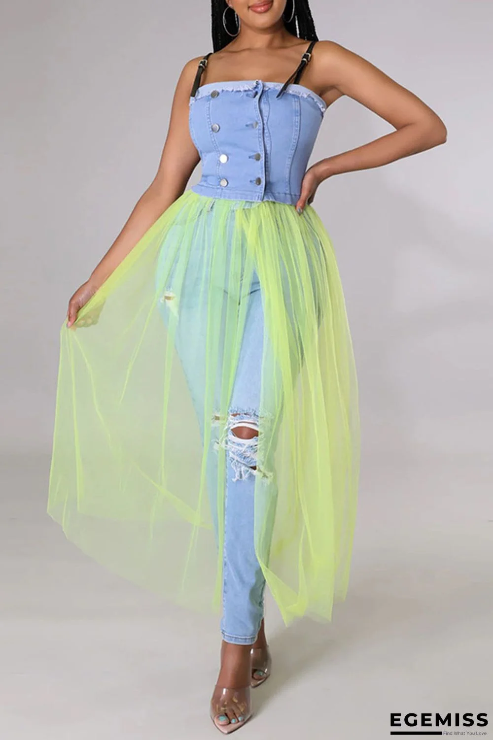 Yellow Casual Solid Patchwork Buckle See-through Spaghetti Strap Dresses | EGEMISS