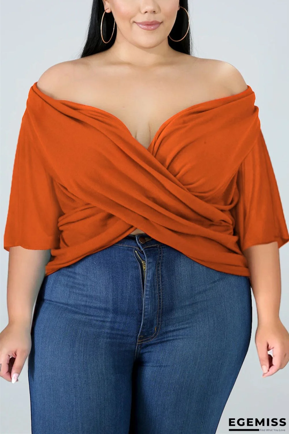 Orange Fashion Casual V Neck Half Sleeve Batwing Sleeve Regular Solid Tops | EGEMISS