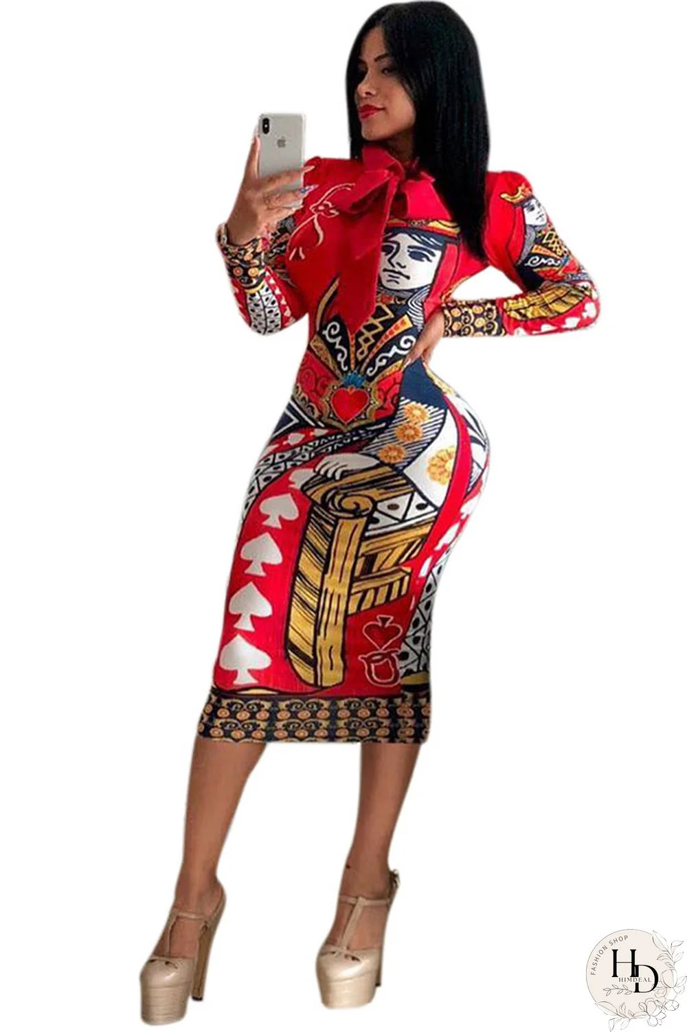 As Show Fashion Long Sleeves O neck Slim Dress Mid-Calf Print Print Dresses