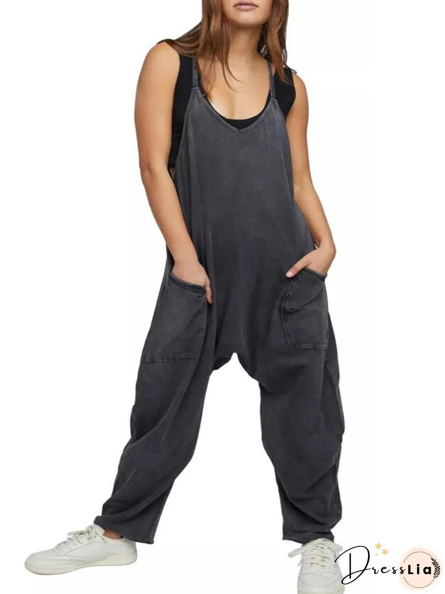 Casual Pocket V Neck Solid Color Jumpsuit