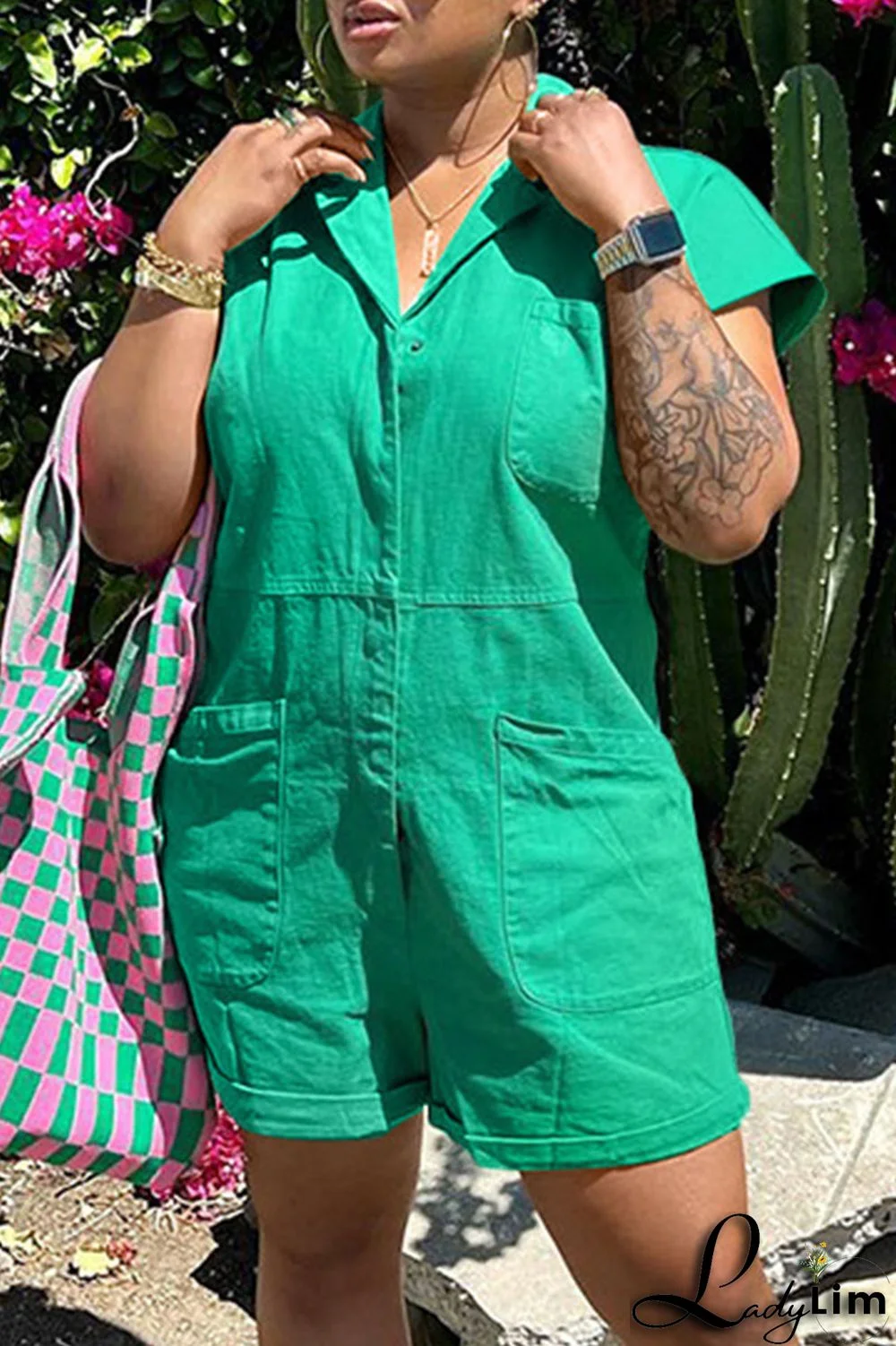 Pink Fashion Casual Solid Patchwork Turndown Collar Regular Romper