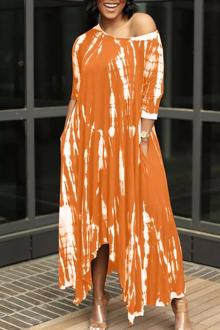 Xpluswear Plus Size Orange British Style Print Split Joint Asymmetrical O Neck Irregular With Pockets Maxi Dresses