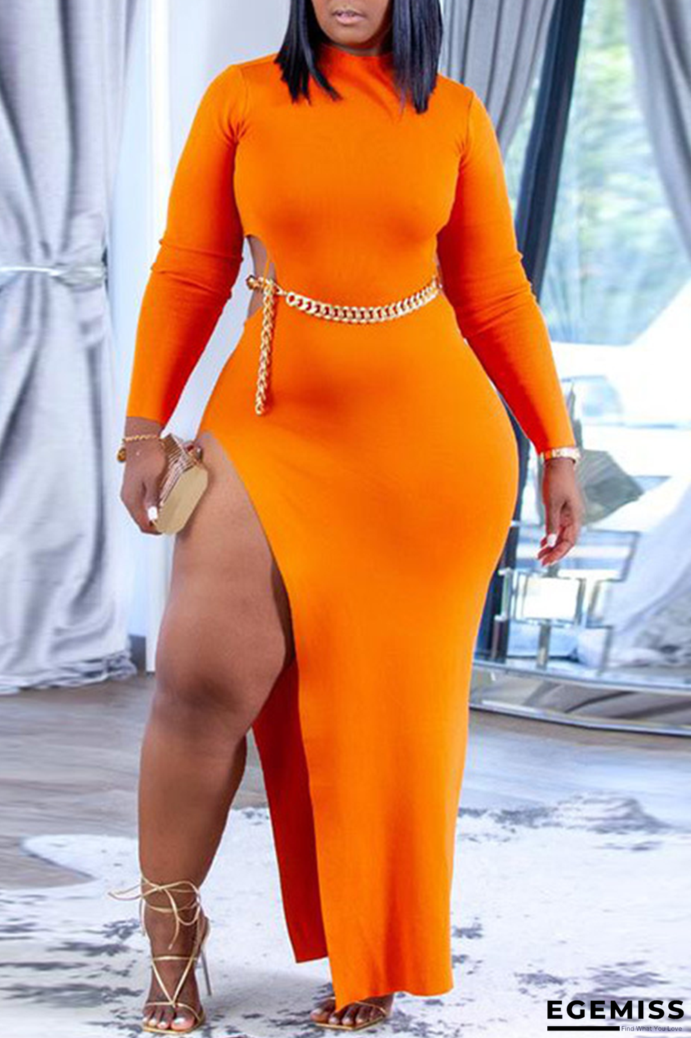 Tangerine Red Sexy Solid Patchwork Half A Turtleneck Irregular Dress Plus Size Dresses | EGEMISS