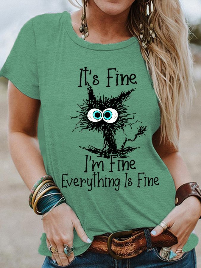 Women's IT'S FINE Printed V-Neck Loosen Casual Short Sleeve T-Shirt