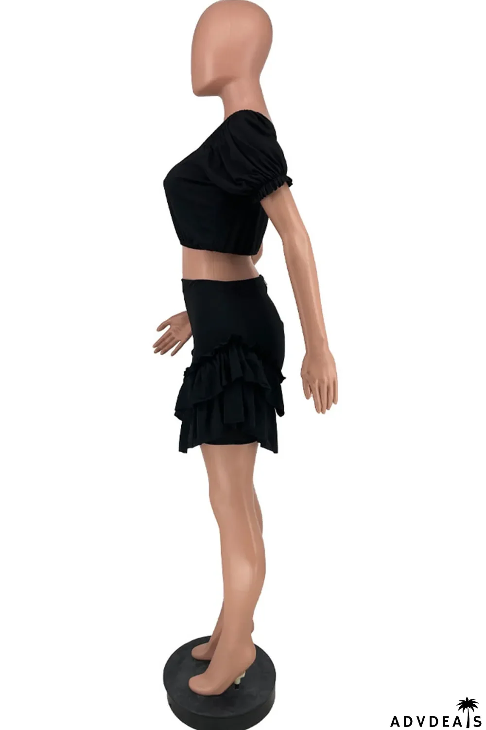 Black Sexy Patchwork Stringy Selvedge Off the Shoulder Short Sleeve Two Pieces