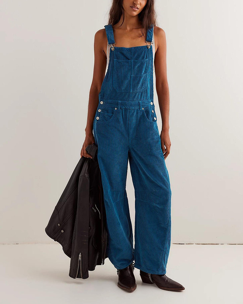 Adjustable Strap Wide Leg Corduroy Jumpsuit