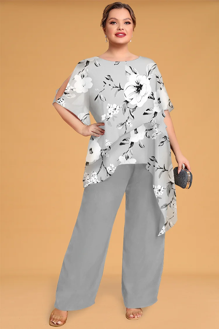 Flycurvy Plus Size Mother Of The Bride Light Grey Chiffon Floral Print Layered Asymmetrical 2 in 1 Suit  Flycurvy [product_label]