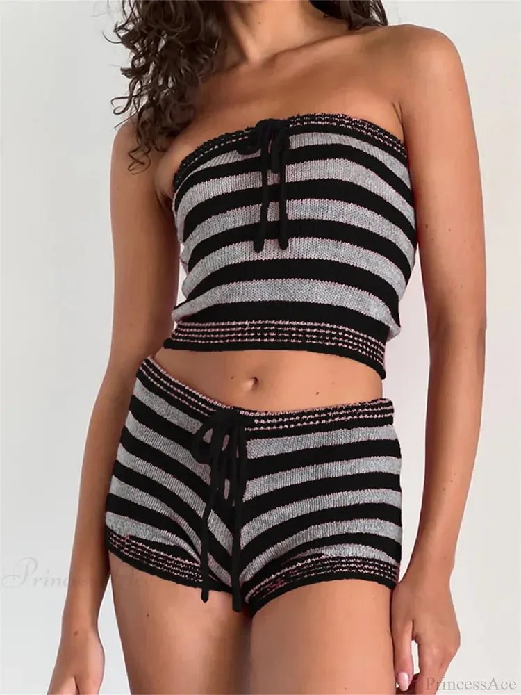 Knitted Striped Off Shoulder Crop Tube Top with Drawstring Shorts Set