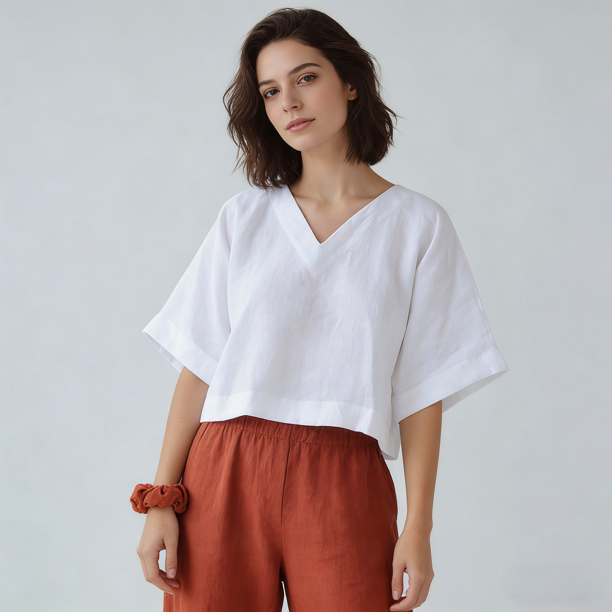 Linen Blouse Women 100% Linen V Neck Wide Sleeve Cropped Summer Top Breathable Oversized REAL SILK LIFE
