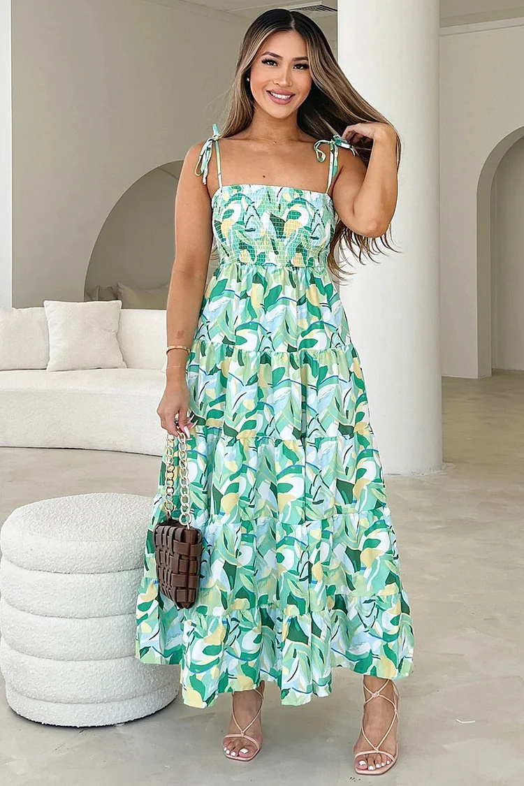 Boat Neck Tied Up Ruched Tiered Pleated A-line Floral Print Vacation Slip Midi Dresses