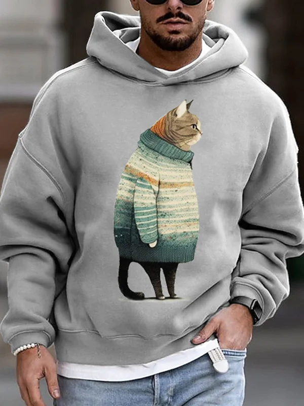 Men's Standing Stripe Sweater Cat Graphic Print Hooded Sweatshirt
