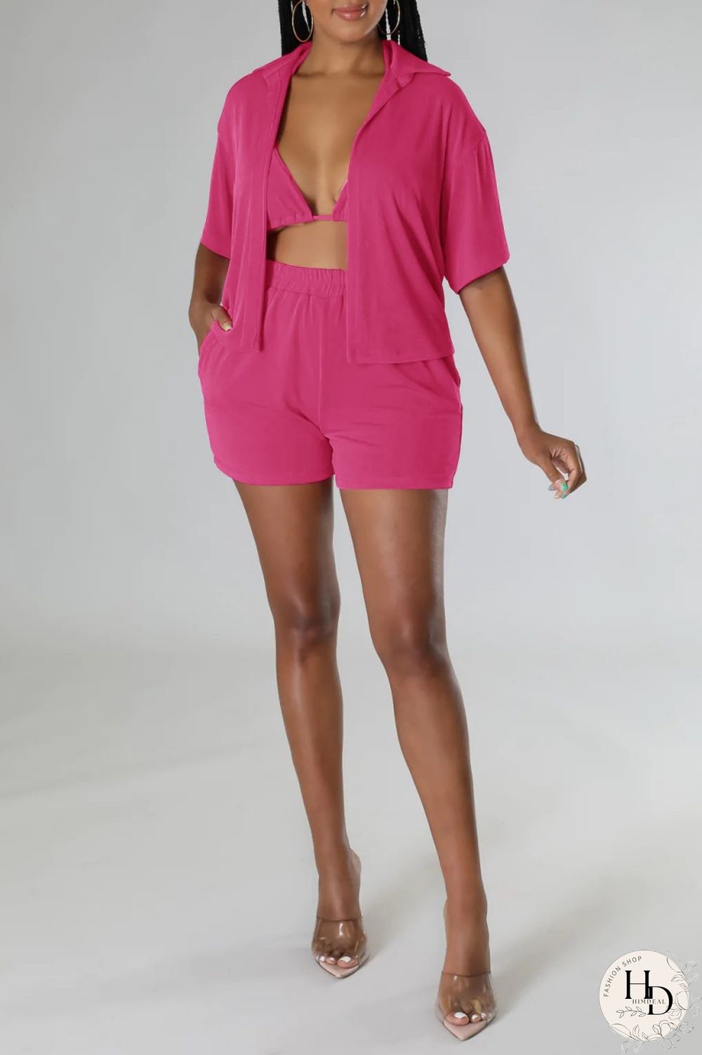 Blue Sexy Casual Solid Frenulum Shirt Collar Short Sleeve Three Piece Set