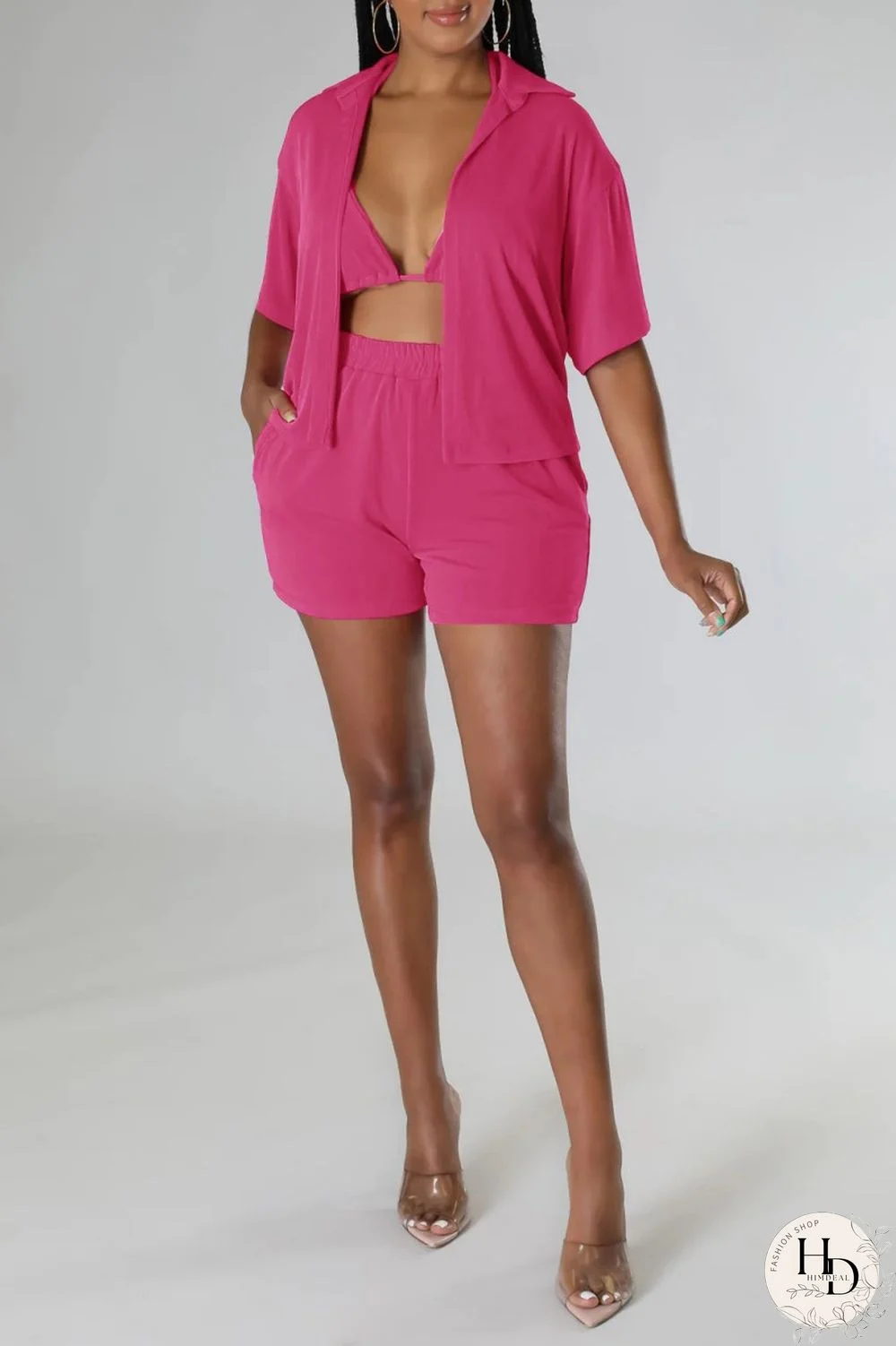 Blue Sexy Casual Solid Frenulum Shirt Collar Short Sleeve Three Piece Set