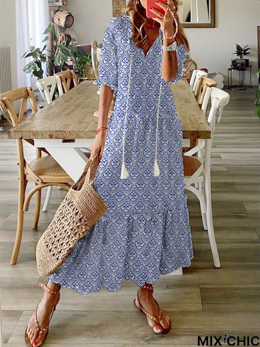 V Neck Short Sleeve Casual Weaving Dress