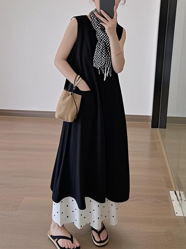 Sleeveless Button Midi Dress And Polka Dot Wide Leg Pants Set
