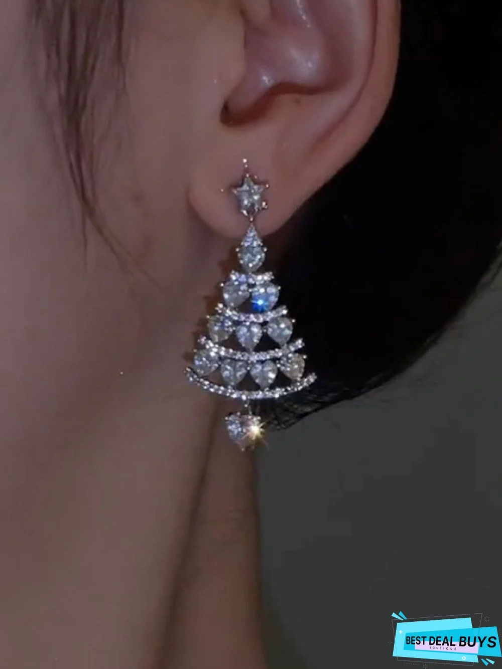 Banquet Party Silver Diamond Heart Earrings Christmas Tree Pattern Jewelry