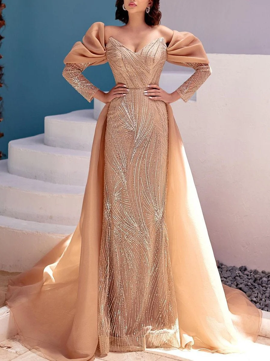 Neosepa-Graceful Sweetheart Neck Long Sleeve Rhinestone Decorated Champagne Gown With Train