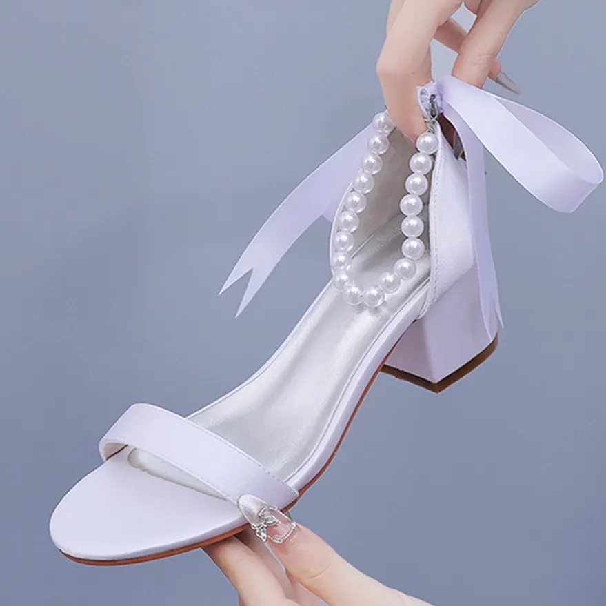 Breakj Breakj Cm Square Heel Sandals Shallow Mouth With Thick Heel Sandals White Beads Drifted Sandals Bride Wedding Sandals