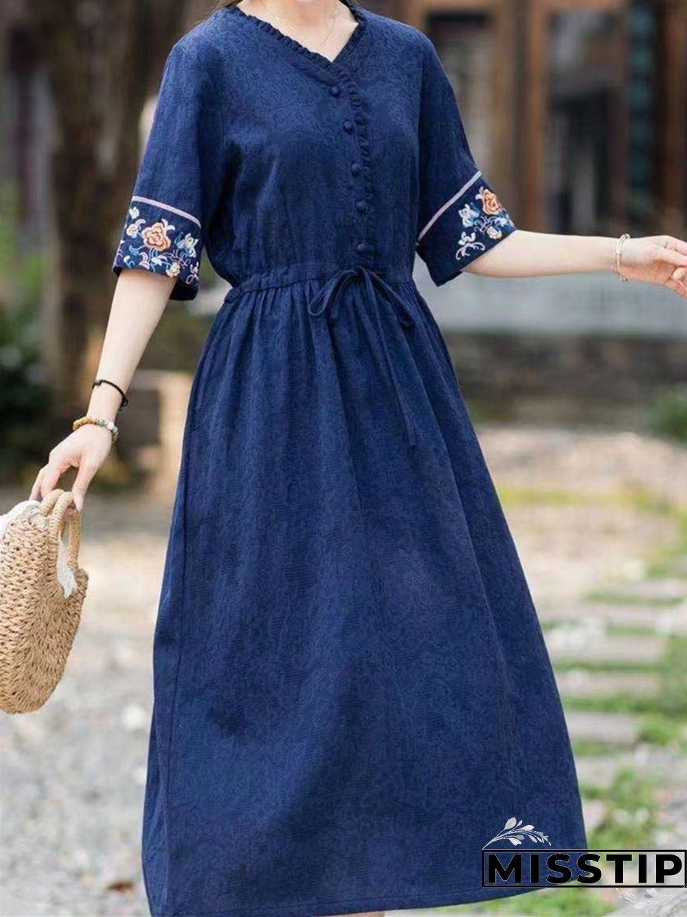 Embroidered V-neck Cotton Linen Dress Loose Lace Up Long Skirt
