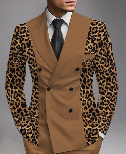 Business Patchwork Leopard Pattern Peaked Lapel Double Breasted Blazer