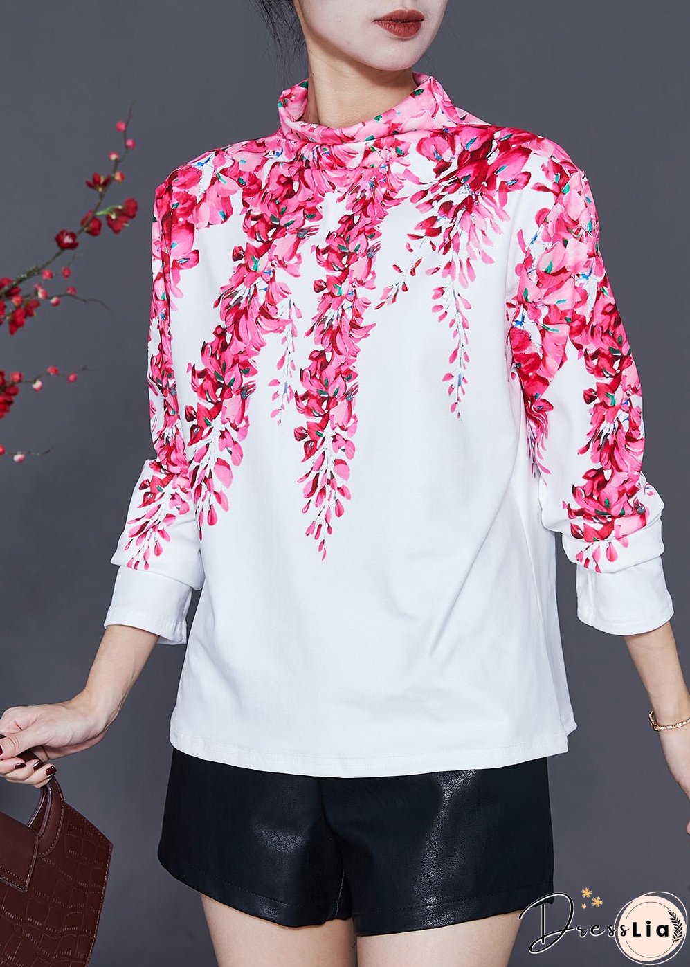 White Cotton Shirt Turtle Neck Floral Print Spring