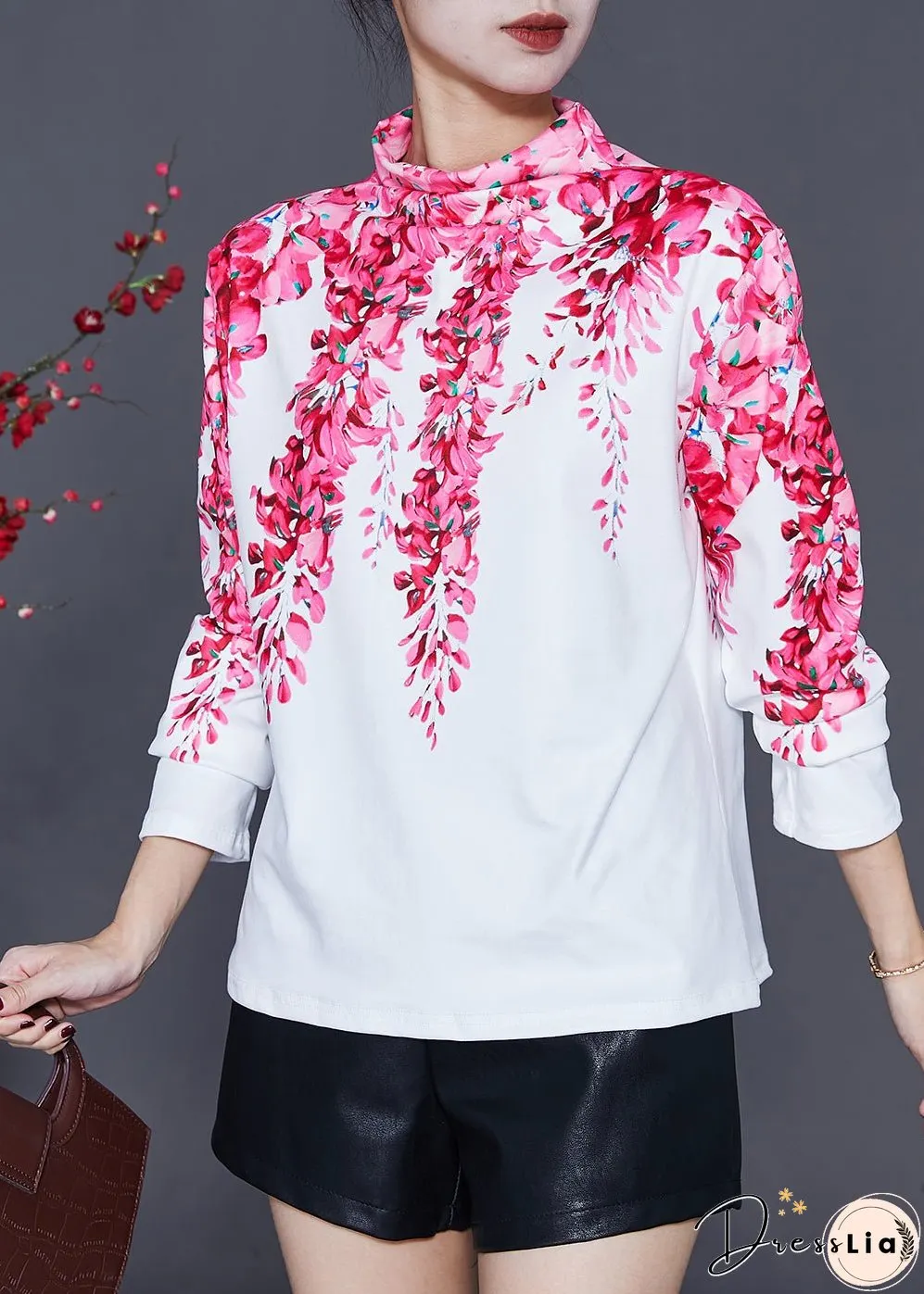 White Cotton Shirt Turtle Neck Floral Print Spring