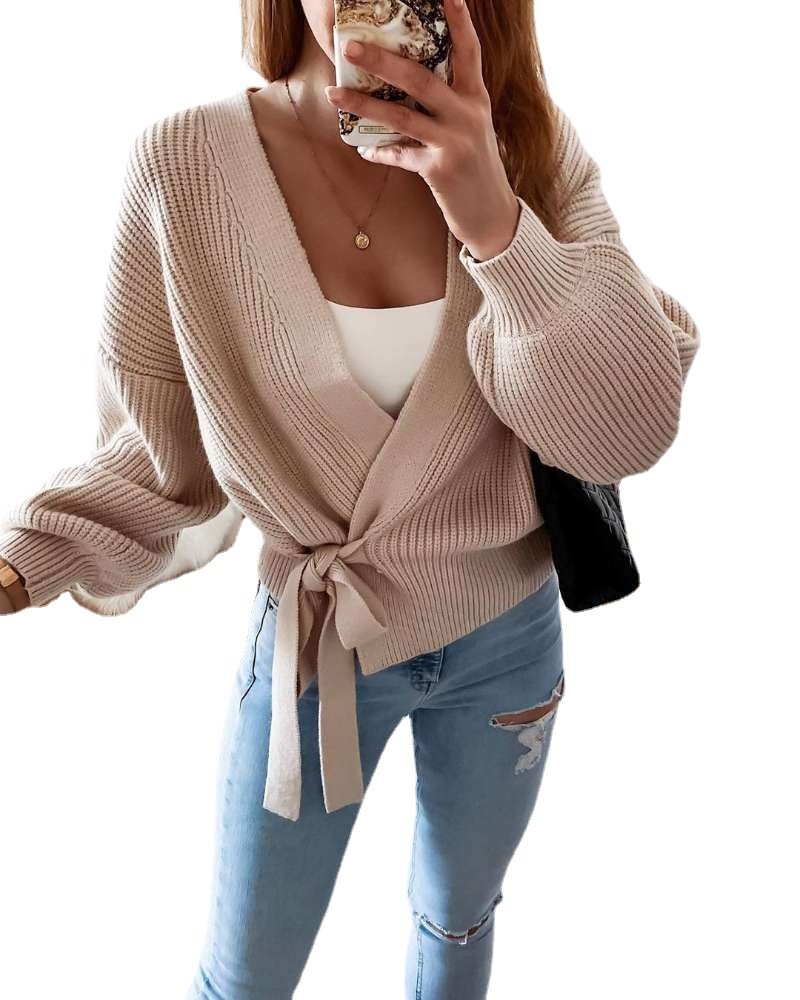 V-Neck Bandage Cardigan Sweater Solid Color Hollow Ladies Sweater
