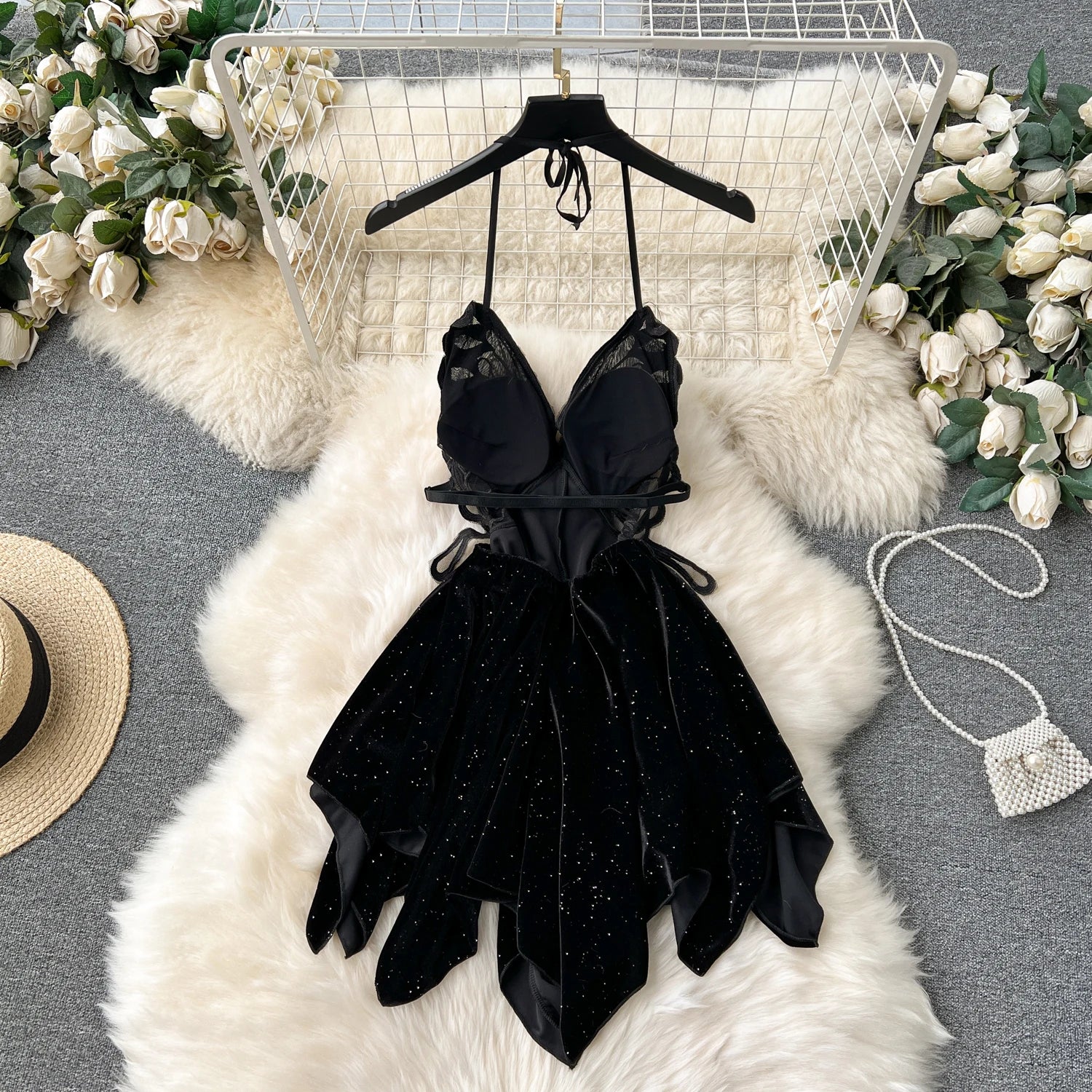 Aiertu Female Backless Sexy Dress Fashion Halter Lace up Design Women Embroidery Butterfly Slim Short Irregular Velvt Dress Aiertu