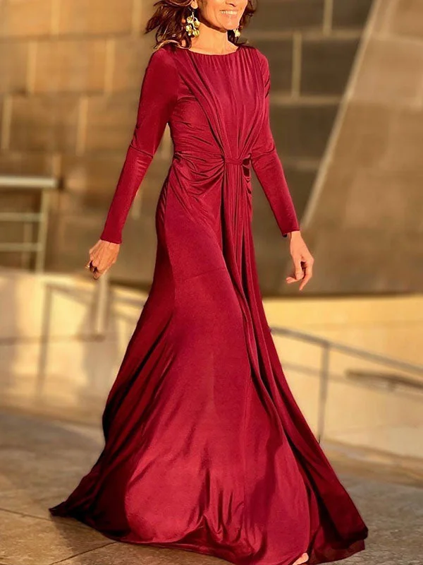 Pleated Pure Color Long Sleeves Roomy Round-Neck Maxi Dresses
