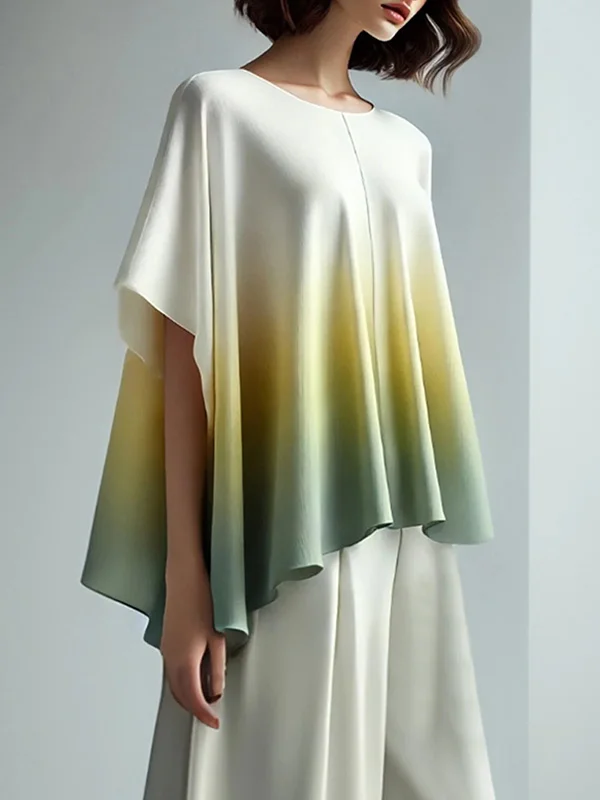 Split-Joint Gradient Loose Batwing Sleeves Round-Neck T-Shirts