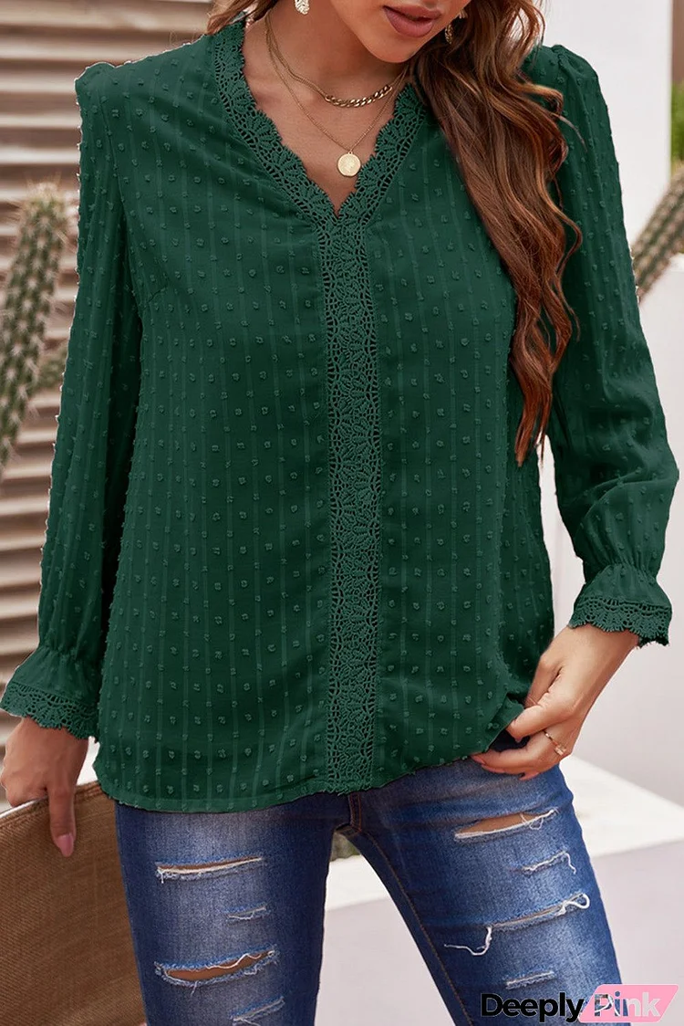 Green Elegant V-Neck Lace Blouse