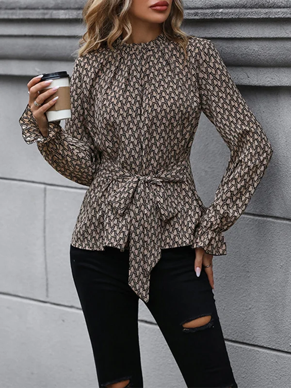 Bandage Belted Leopard Printed Long Sleeves Round-Neck Blouses&Shirts Tops