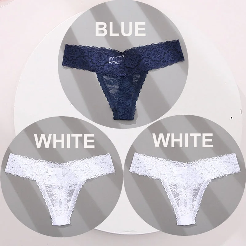 FINETOO 3PCS/Set M-XL G-string Thong Panties for Woman Sexy Lace Floral Underwear Transparent Women's Underpants Female Lingerie