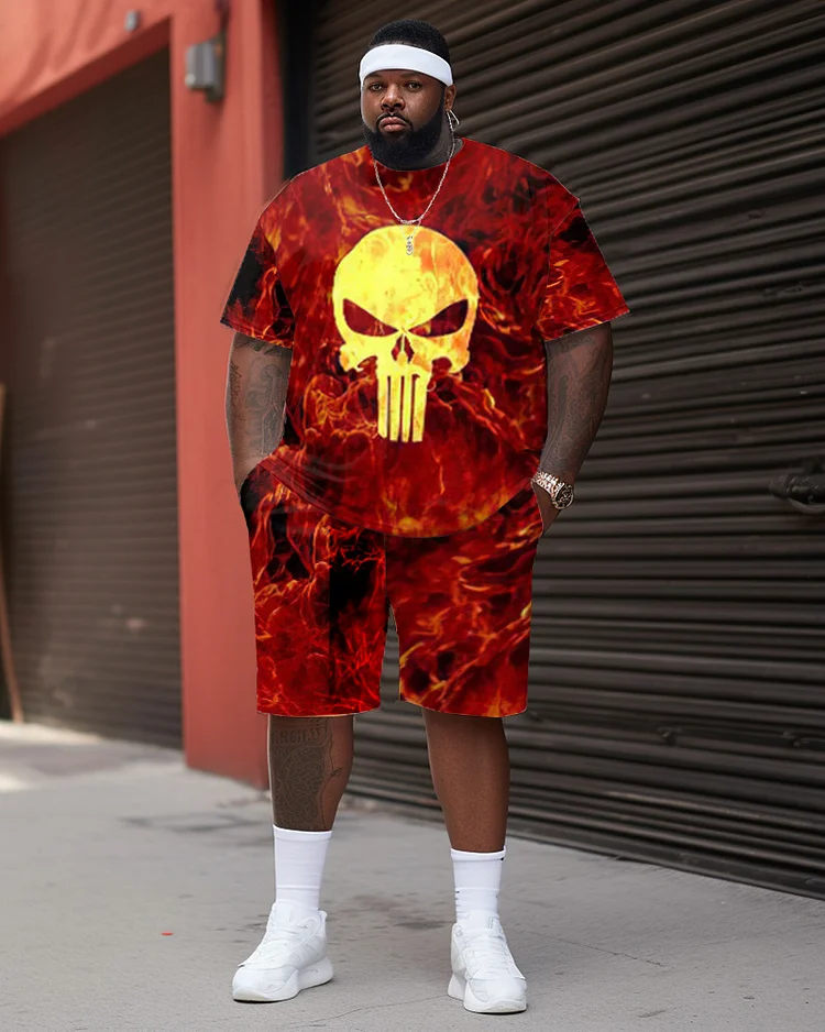 Men's Large Size Squid Fire Skull Street Cartoon Color Block Graffiti Short Sleeve Shorts Suit