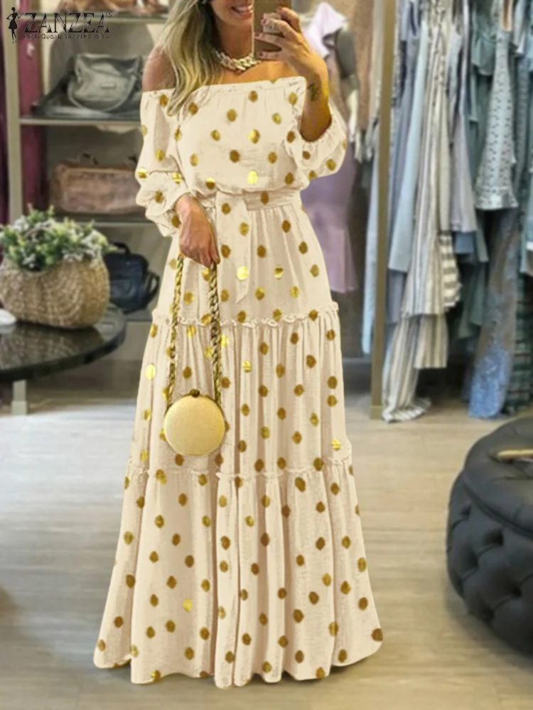 ZANZEA Elegant Off Shoulder Women's Dress Autumn Belted Ruffle Maxi Vestidos Casual Puff Sleeve Solid Beach Robe   7