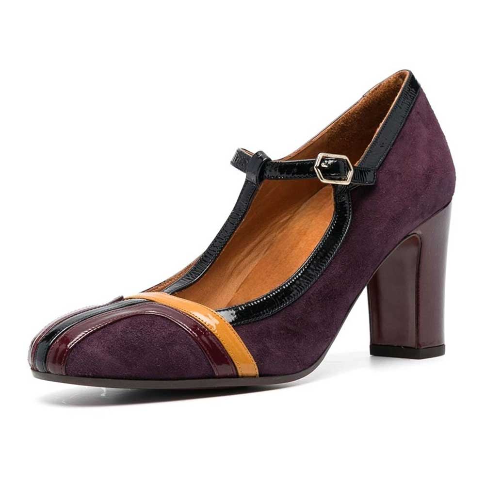 Purple Round Toe T-Strappy Mary Janes with Block Heels for Ladies Nicepairs