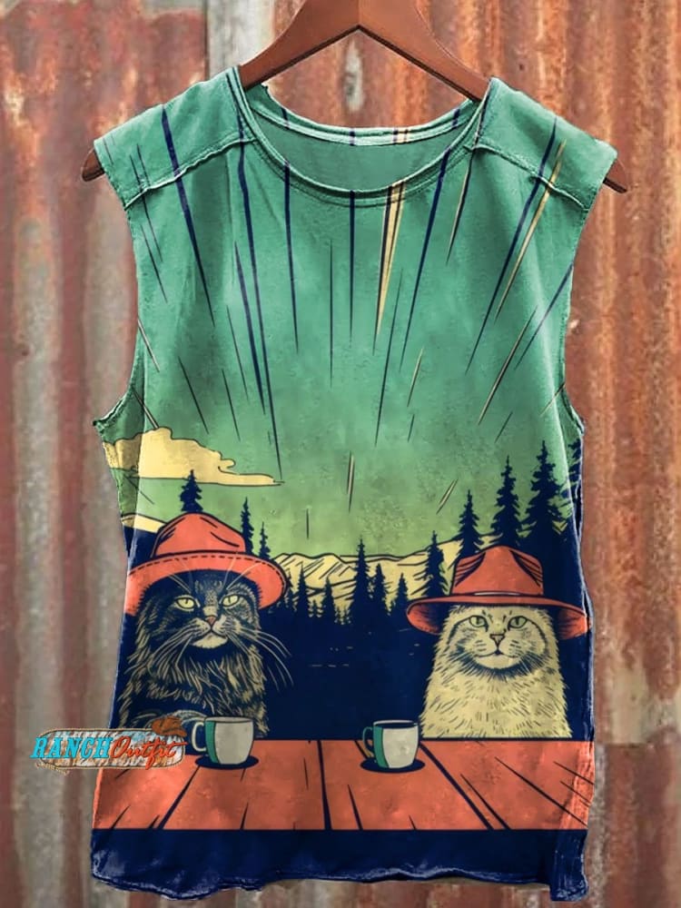 Vintage Cats Chilling In Nature With Coffee Wall Print Casual Tank Top Multicolor / S