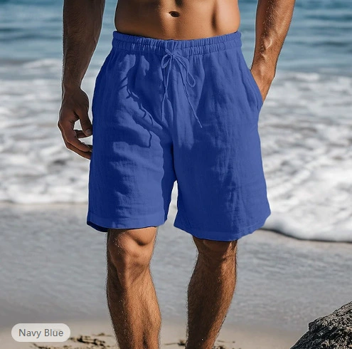 Men's Striped Drawstring Elastic Waist Cotton and Linen Beach Casual Shorts