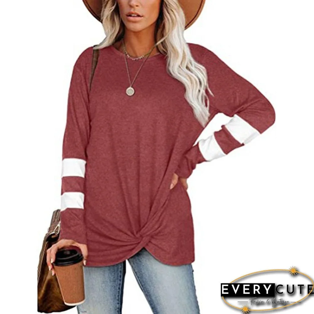 Wine Red Front Twisted Striped Long Sleeve Top