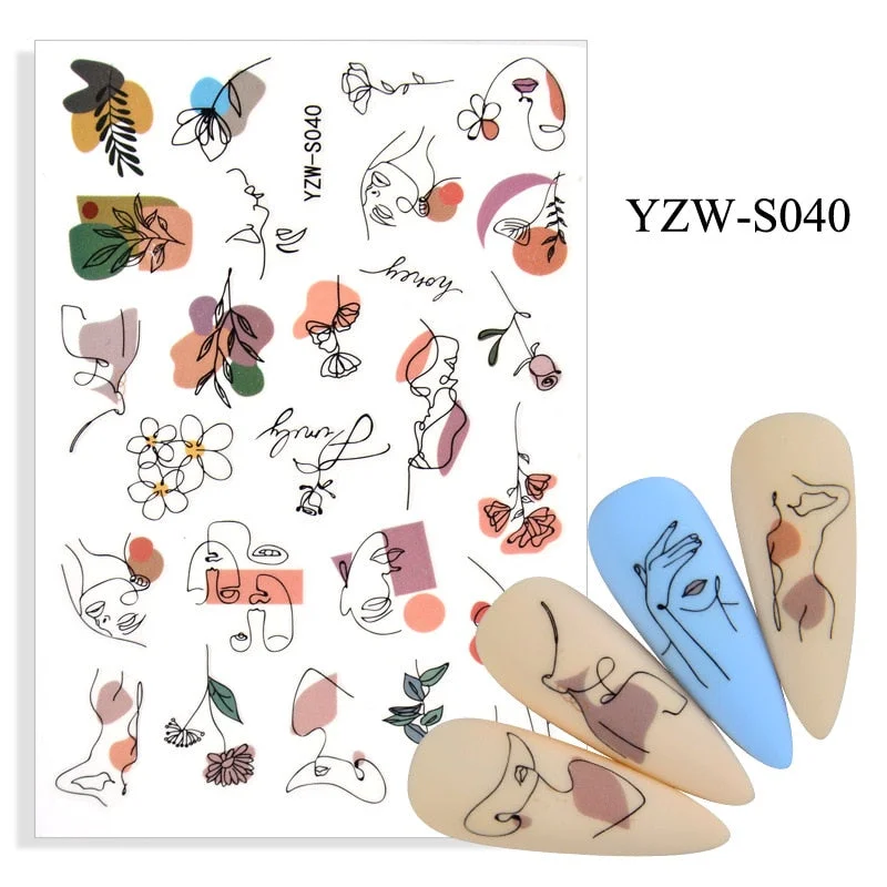 Sexy Lady Shaped Fashion Nail Sticker Geometric Abstract Line Nails Inspired Decals Art 3D Adhesive Sliders Manicure Accessory-Nail Inspo