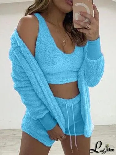 Sets Plush Coat Vest Shorts Long Sleeve Three-Piece Suit for Women