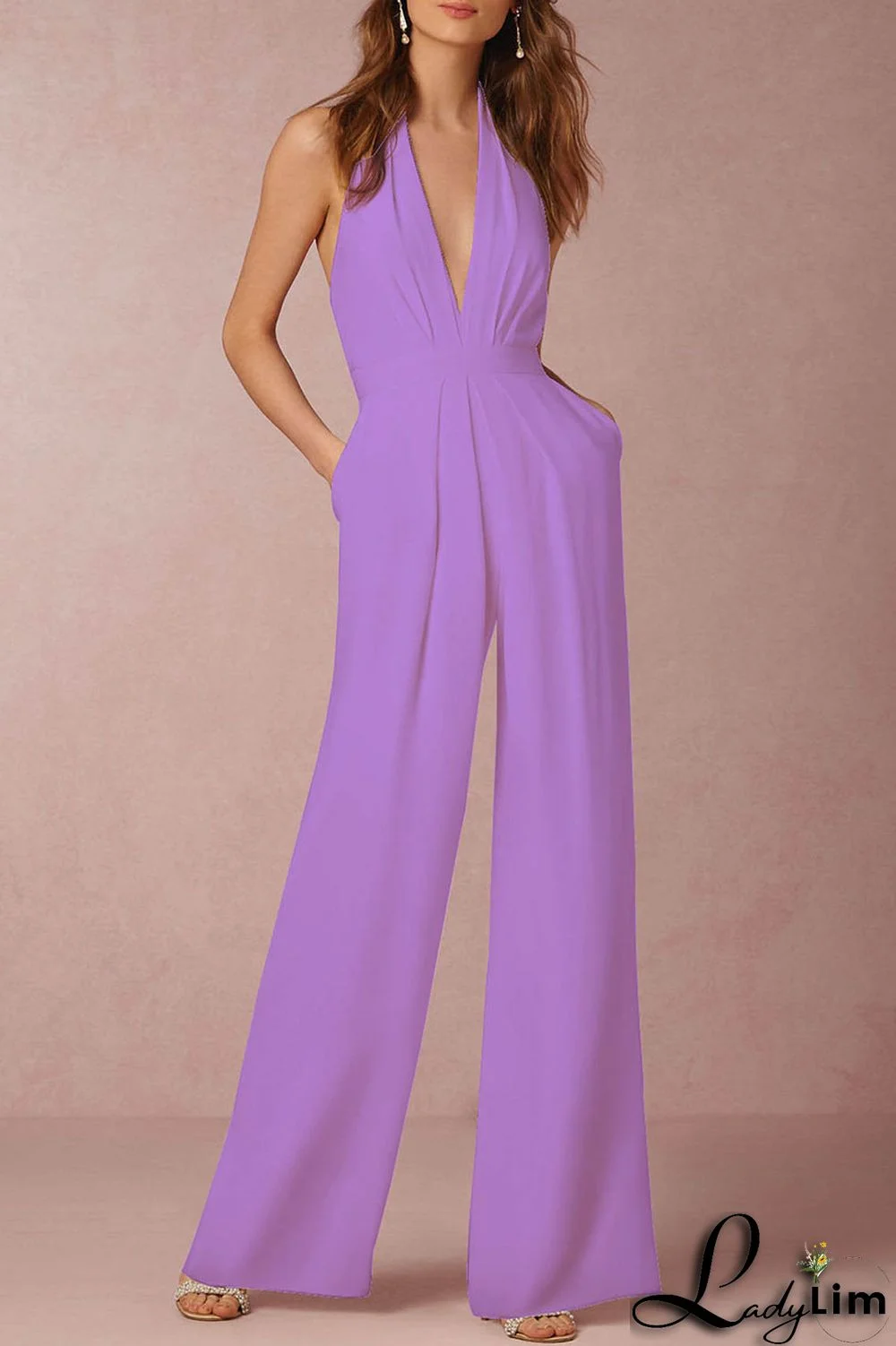 Light Purple Simplicity Solid Split Joint Backless Halter Straight Jumpsuits